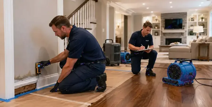 Two technicians checking moisture along a baseboard while an air mover runs in a living room