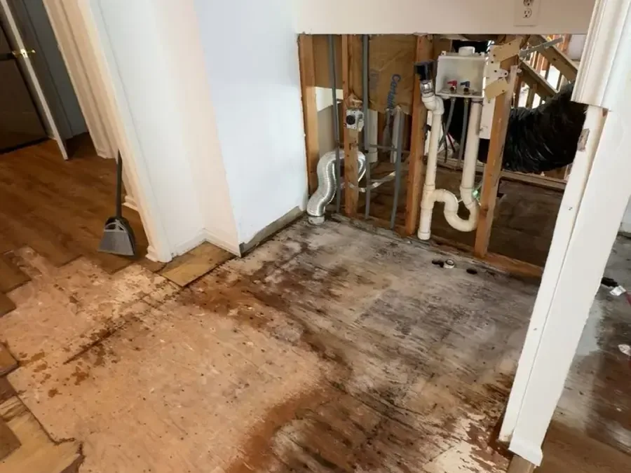 Wet flooring pulled up and a wall opened around the plumbing to reach a leak