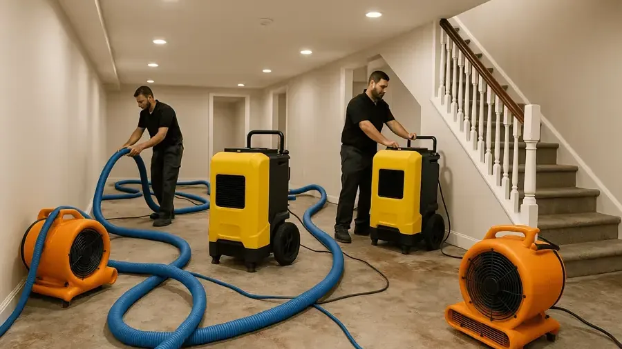 Two technicians setting up air movers, dehumidifiers and extraction hoses for a water damage dry-out