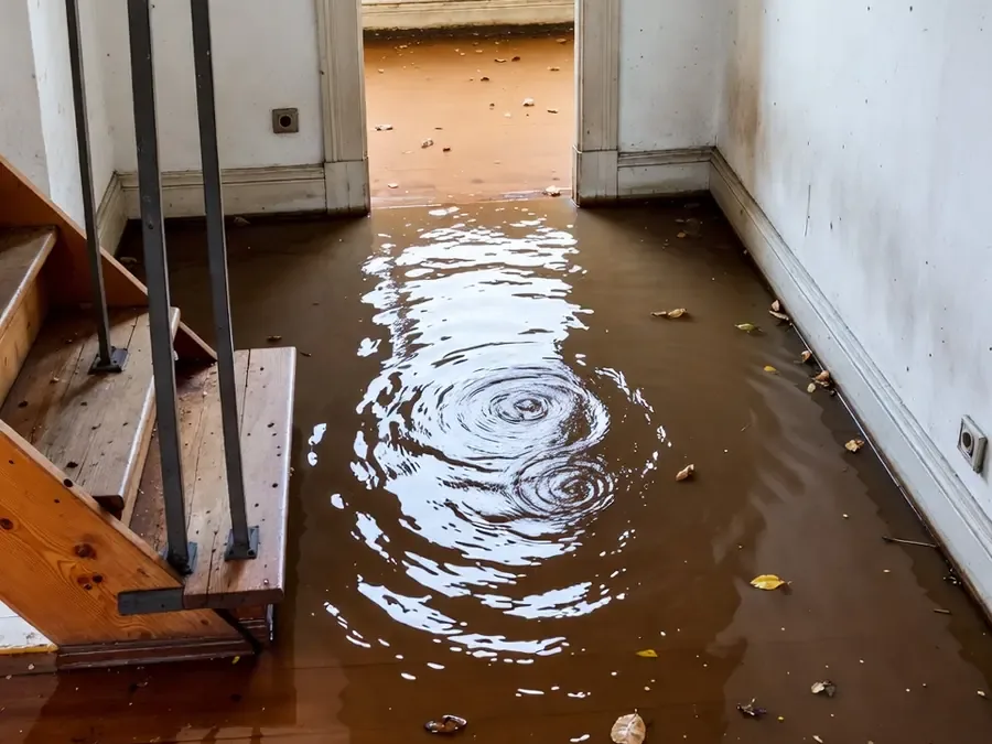 Muddy flood water with floating leaves covering a lower floor beside the stairs