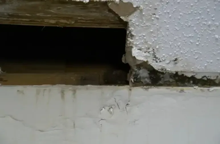 Textured ceiling cut open above a water-stained wall after a leak from above