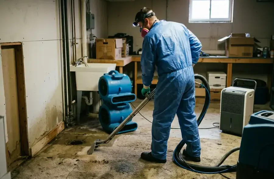 Technician in protective coveralls and a respirator extracting a contaminated basement floor