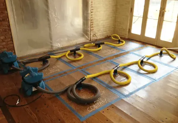 Floor drying mats, hoses and air movers drying a hardwood floor