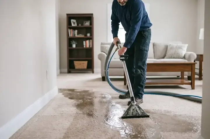 Extraction wand pulling water out of soaked carpet in a home