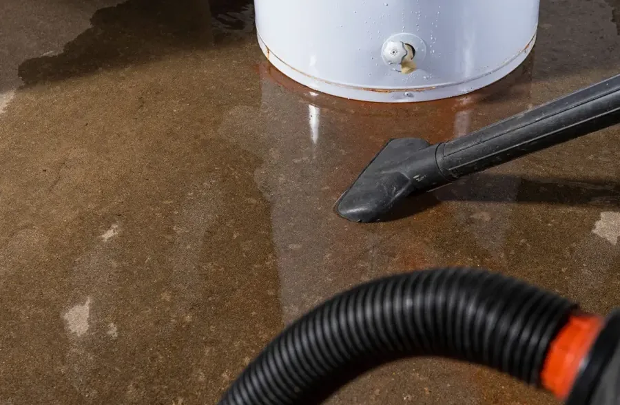 A leaking water heater flooding the floor of a utility room
